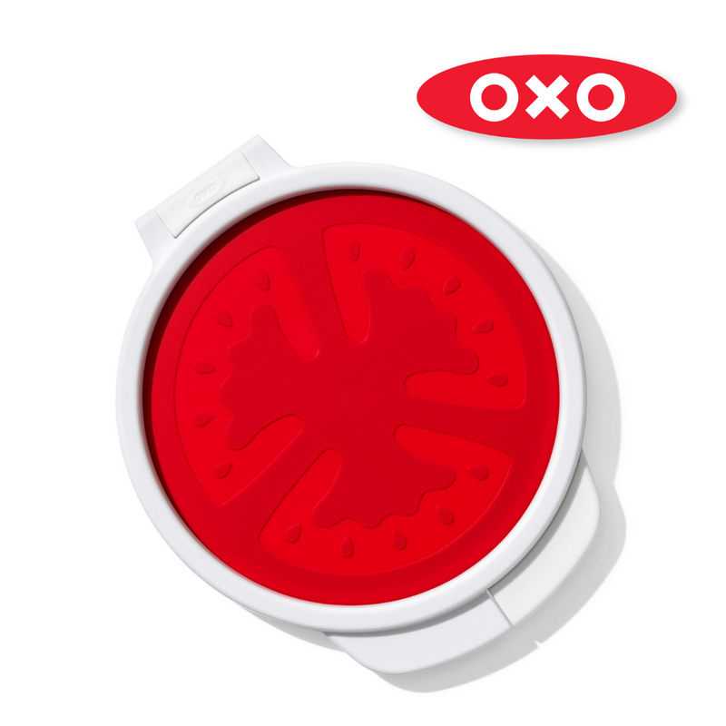 OXO Good Grips Cut & Keep Silicone Tomato Saver with red silicone lid and clear base