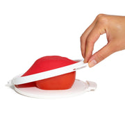 OXO Good Grips Cut & Keep Silicone Tomato Saver with red silicone lid and clear base