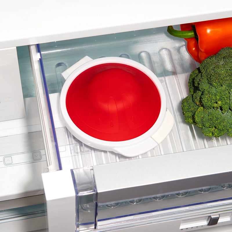 OXO Good Grips Cut & Keep Silicone Tomato Saver with red silicone lid and clear base