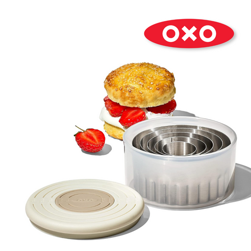 OXO Good Grips Dual Cookie & Biscuit Cutters set with smooth and scalloped stainless steel edges and non-slip handles.