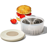 OXO Good Grips Dual Cookie & Biscuit Cutters set with smooth and scalloped stainless steel edges and non-slip handles.