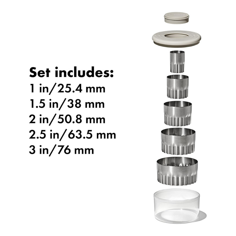 OXO Good Grips Dual Cookie & Biscuit Cutters set with smooth and scalloped stainless steel edges and non-slip handles.
