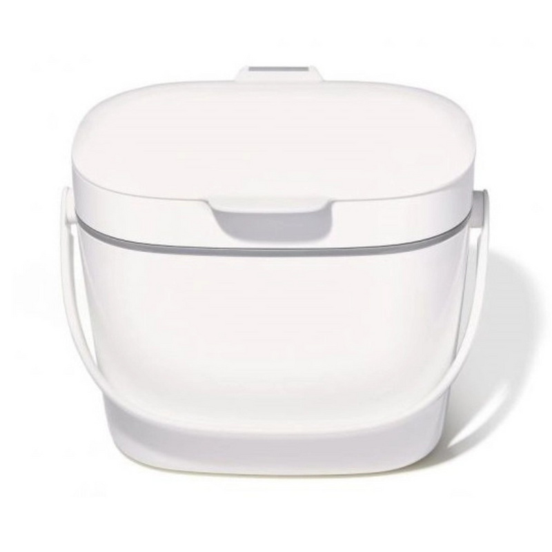 OXO Good Grips Easy-Clean Compost Bin in white with flip-up lid