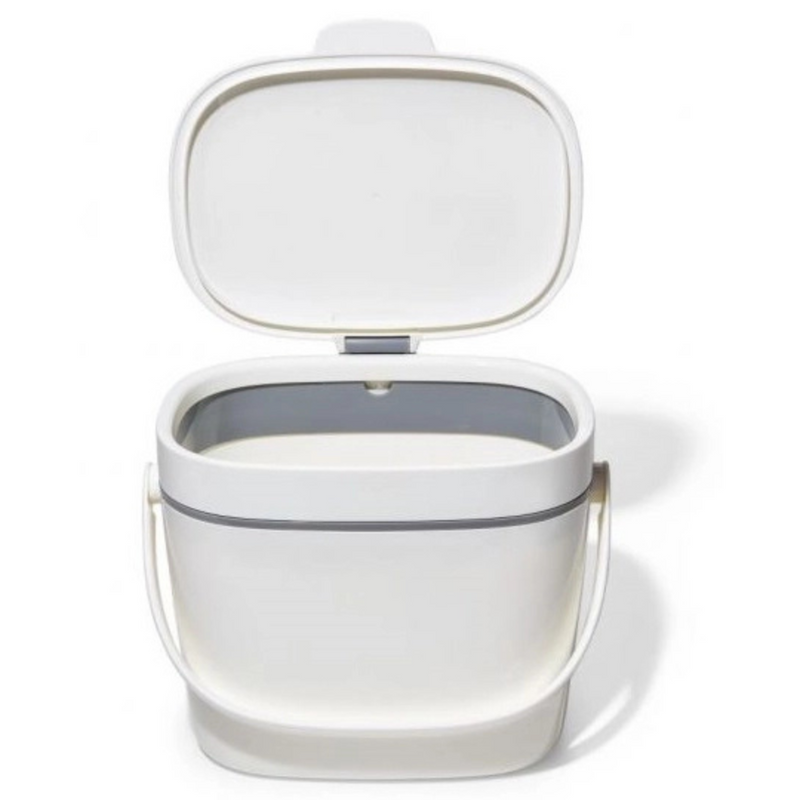OXO Good Grips Easy-Clean Compost Bin in white with flip-up lid