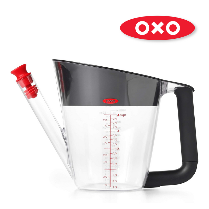 OXO Good Grips Fat Separator 4 Cup / 1L with strainer, stopper, and clear measurement markings.