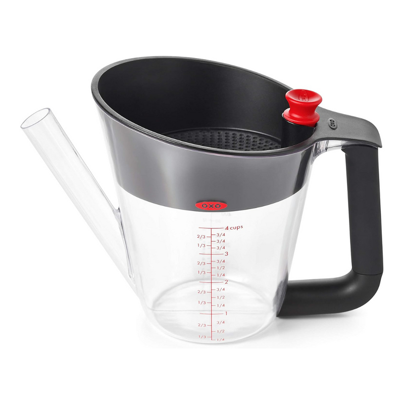 OXO Good Grips Fat Separator 4 Cup / 1L with strainer, stopper, and clear measurement markings.