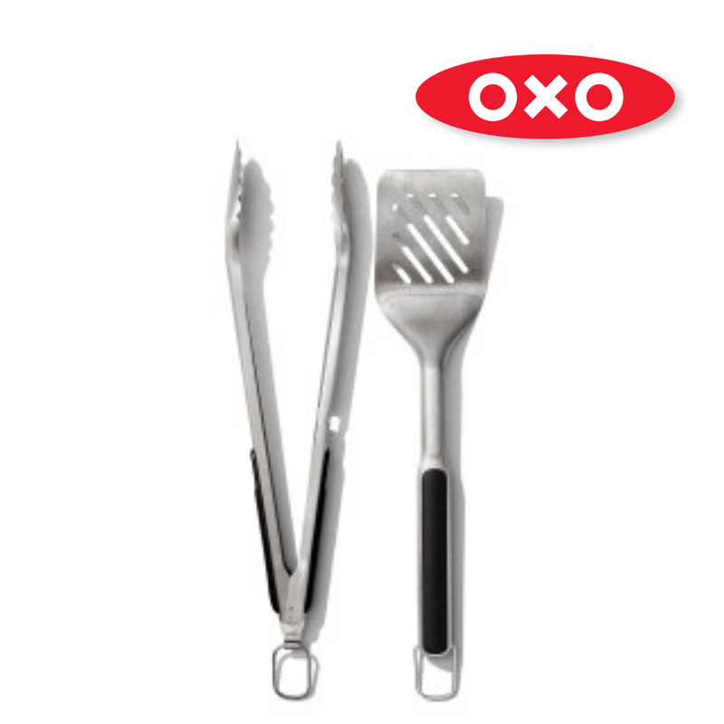 OXO Good Grips Grilling Tongs and Turner Set with stainless steel heads and black handles