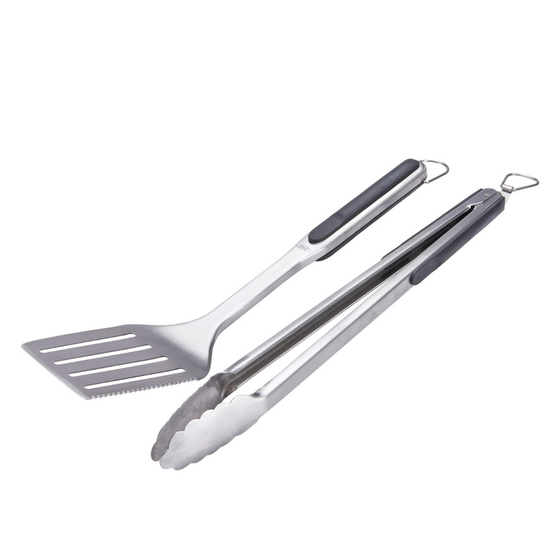 OXO Good Grips Grilling Tongs and Turner Set with stainless steel heads and black handles