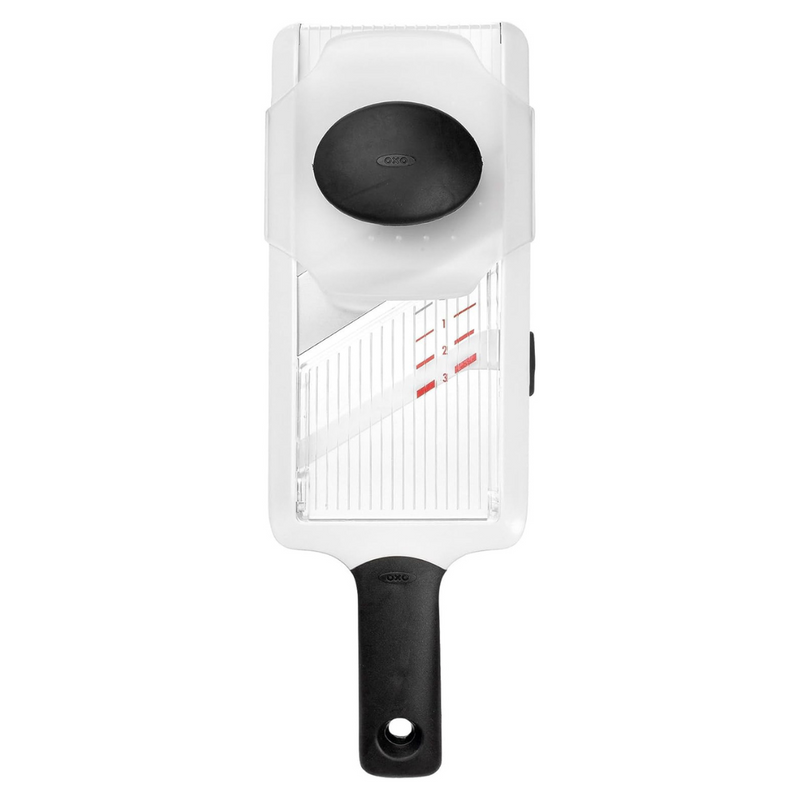 OXO Good Grips Hand-Held Mandoline Slicer with adjustable stainless steel blade and non-slip handle for precise fruit and vegetable slicing.