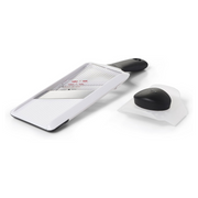OXO Good Grips Hand-Held Mandoline Slicer with adjustable stainless steel blade and non-slip handle for precise fruit and vegetable slicing.