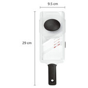 OXO Good Grips Hand-Held Mandoline Slicer with adjustable stainless steel blade and non-slip handle for precise fruit and vegetable slicing.