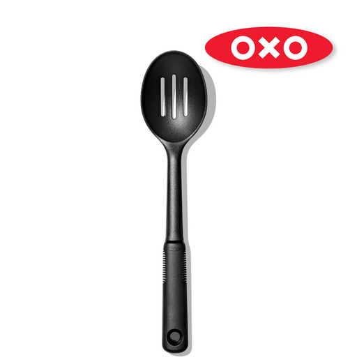 OXO Good Grips Nylon Slotted Spoon with black nylon head and soft non-slip handle.