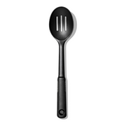 OXO Good Grips Nylon Slotted Spoon with black nylon head and soft non-slip handle.