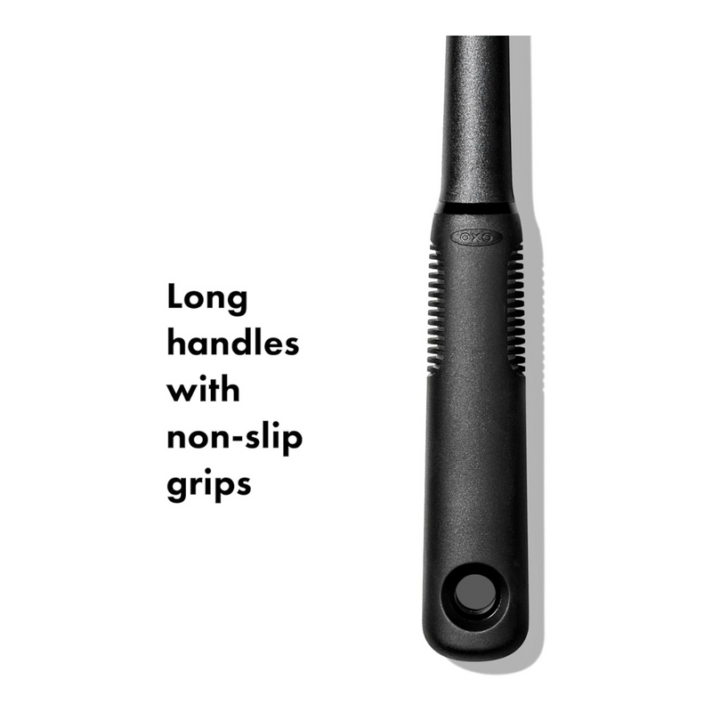 OXO Good Grips Nylon Slotted Spoon with black nylon head and soft non-slip handle.