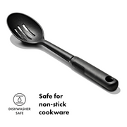 OXO Good Grips Nylon Slotted Spoon with black nylon head and soft non-slip handle.