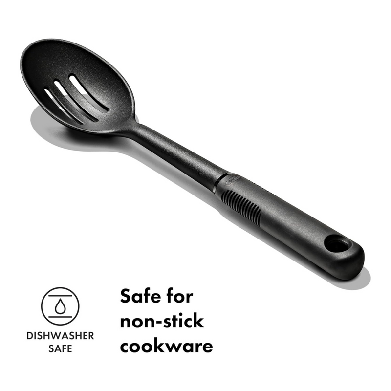 OXO Good Grips Nylon Slotted Spoon with black nylon head and soft non-slip handle.