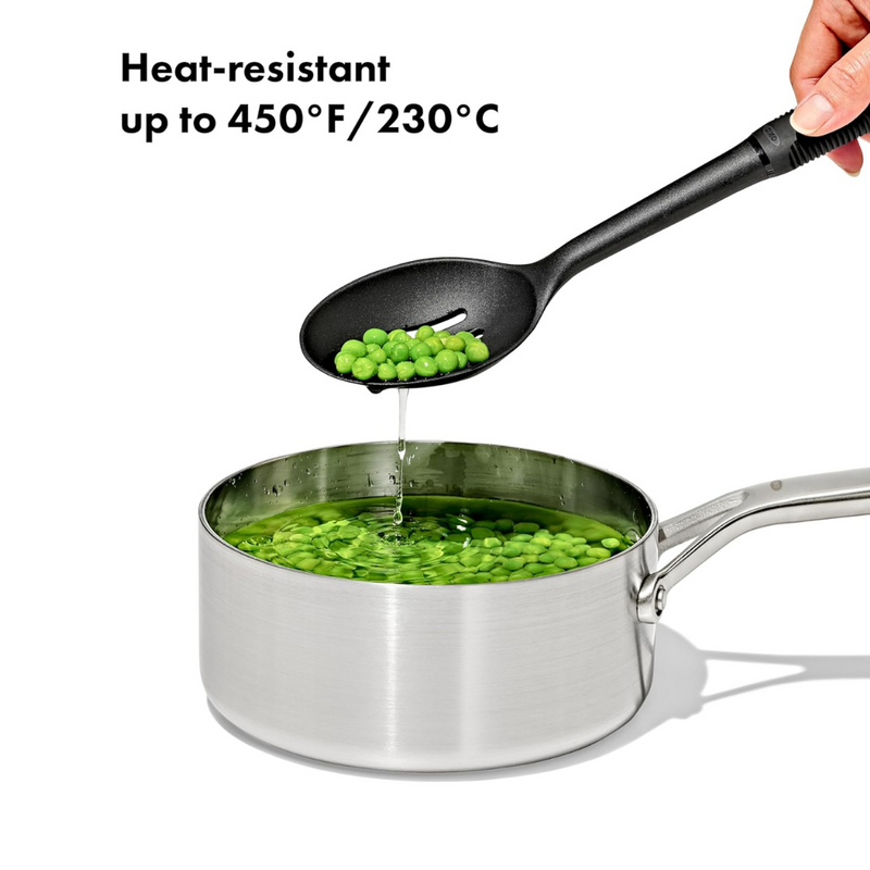 OXO Good Grips Nylon Slotted Spoon with black nylon head and soft non-slip handle.