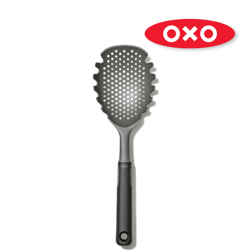 OXO Good Grips Pasta Scoop Strainer with black nylon head and ergonomic non-slip handle