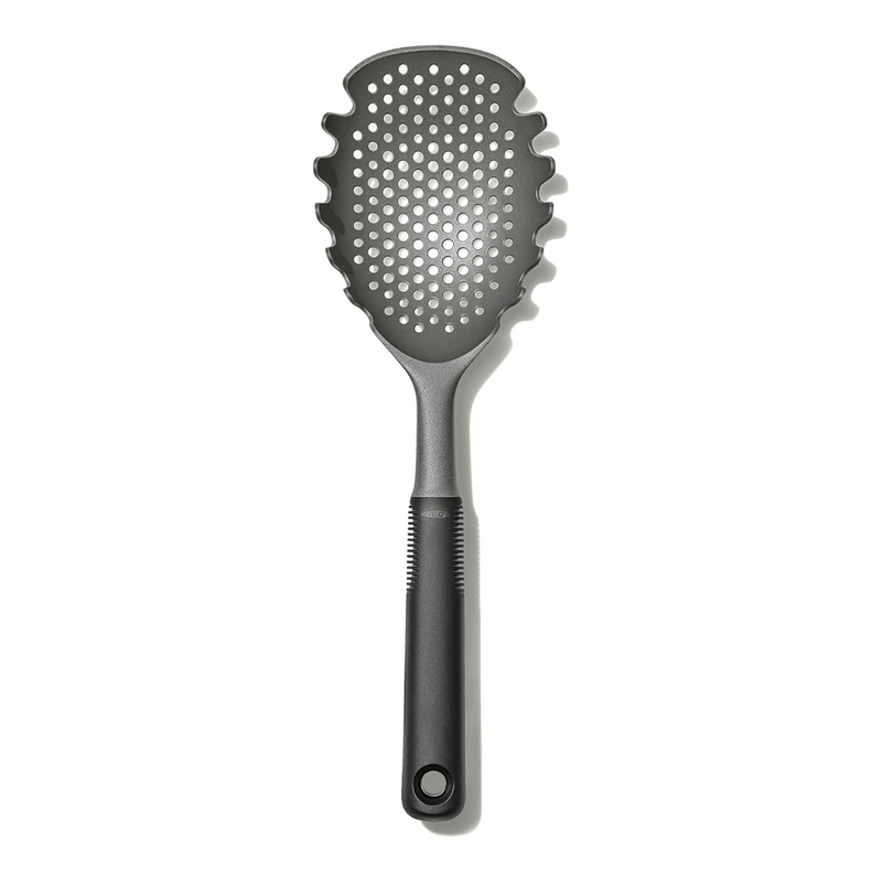 OXO Good Grips Pasta Scoop Strainer with black nylon head and ergonomic non-slip handle