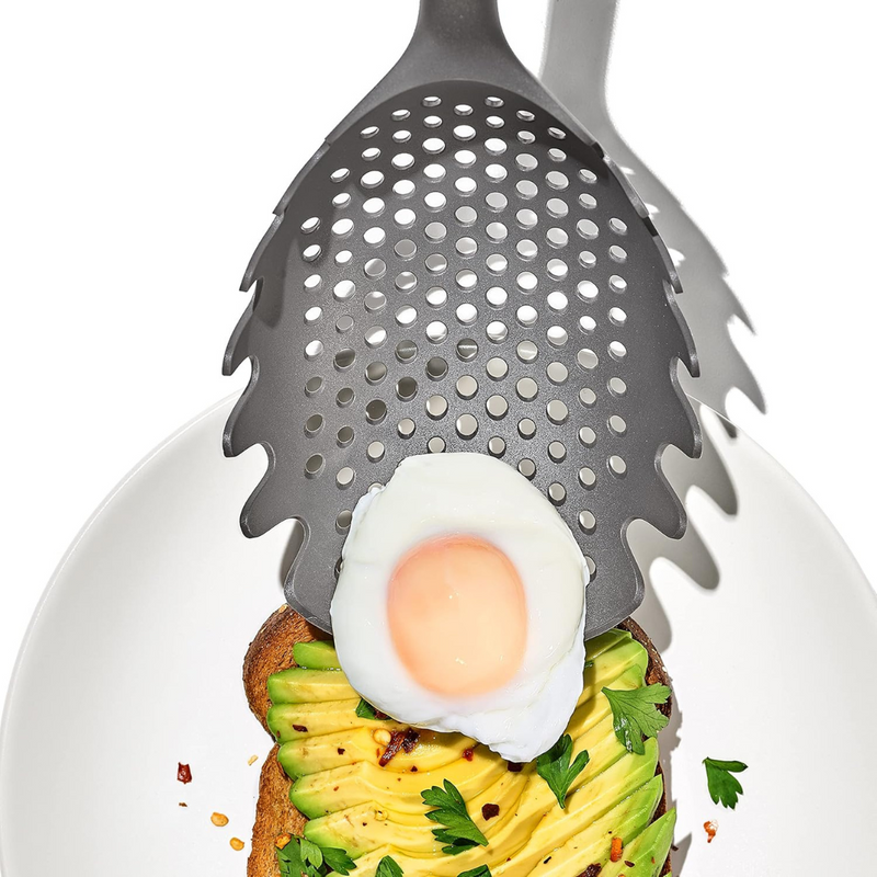 OXO Good Grips Pasta Scoop Strainer with black nylon head and ergonomic non-slip handle