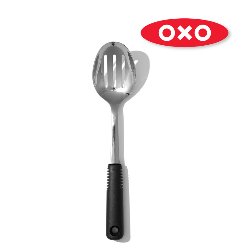 OXO Good Grips Polished Stainless Steel Slotted Spoon with deep slotted bowl and soft non-slip handle.