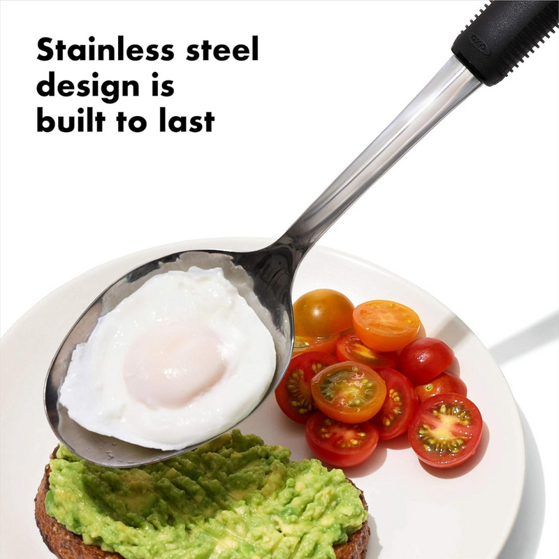 OXO Good Grips Polished Stainless Steel Slotted Spoon with deep slotted bowl and soft non-slip handle.