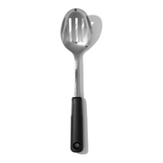 OXO Good Grips Polished Stainless Steel Slotted Spoon with deep slotted bowl and soft non-slip handle.