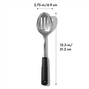 OXO Good Grips Polished Stainless Steel Slotted Spoon with deep slotted bowl and soft non-slip handle.
