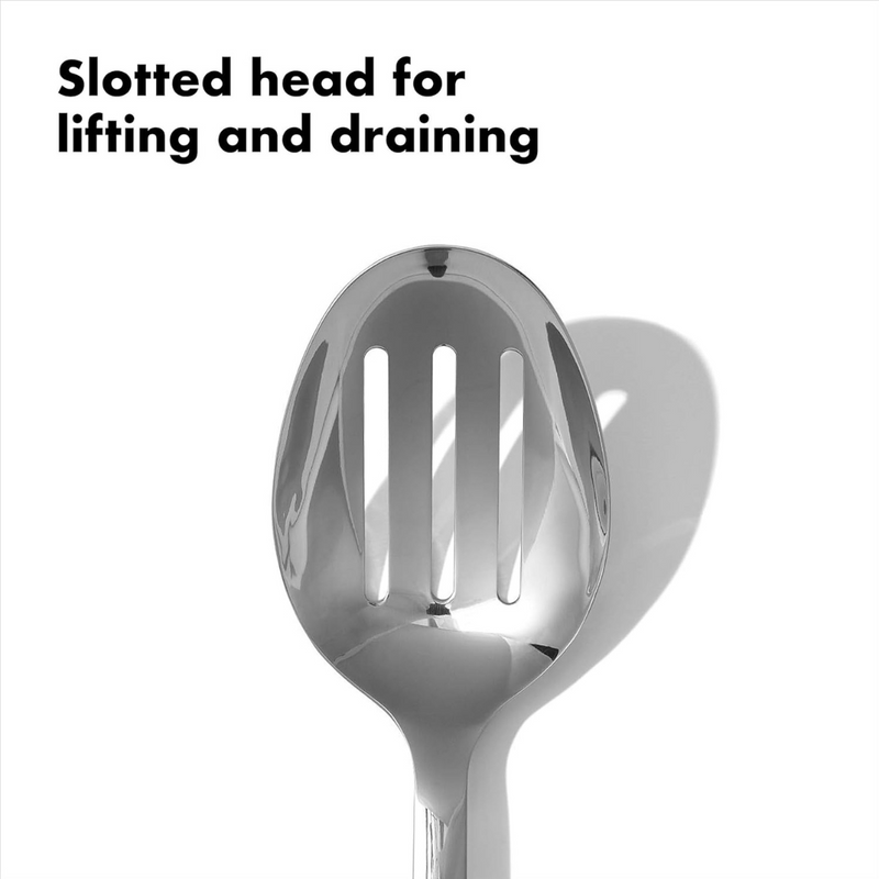 OXO Good Grips Polished Stainless Steel Slotted Spoon with deep slotted bowl and soft non-slip handle.