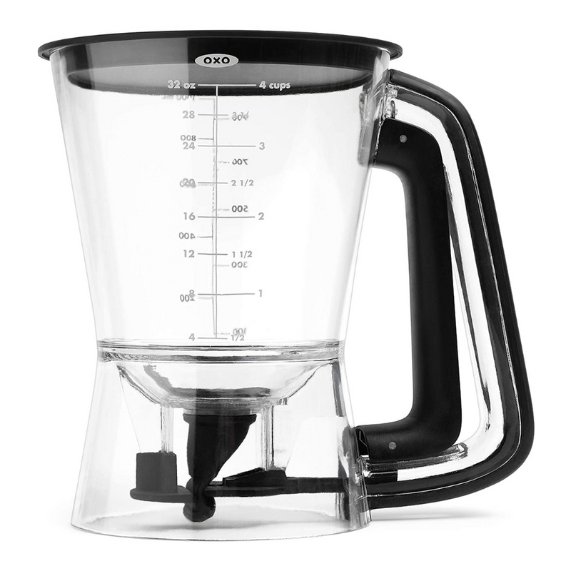 OXO Good Grips Precision Batter Dispenser with drip-free valve, measurement markings, and non-slip handle.