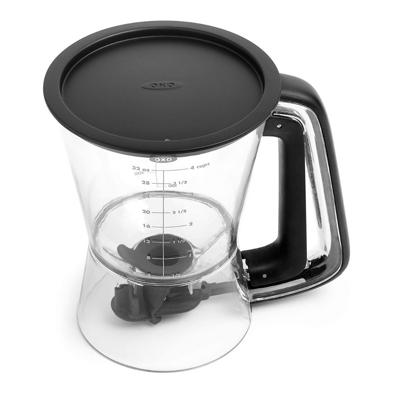 OXO Good Grips Precision Batter Dispenser with drip-free valve, measurement markings, and non-slip handle.