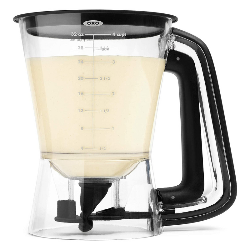 OXO Good Grips Precision Batter Dispenser with drip-free valve, measurement markings, and non-slip handle.