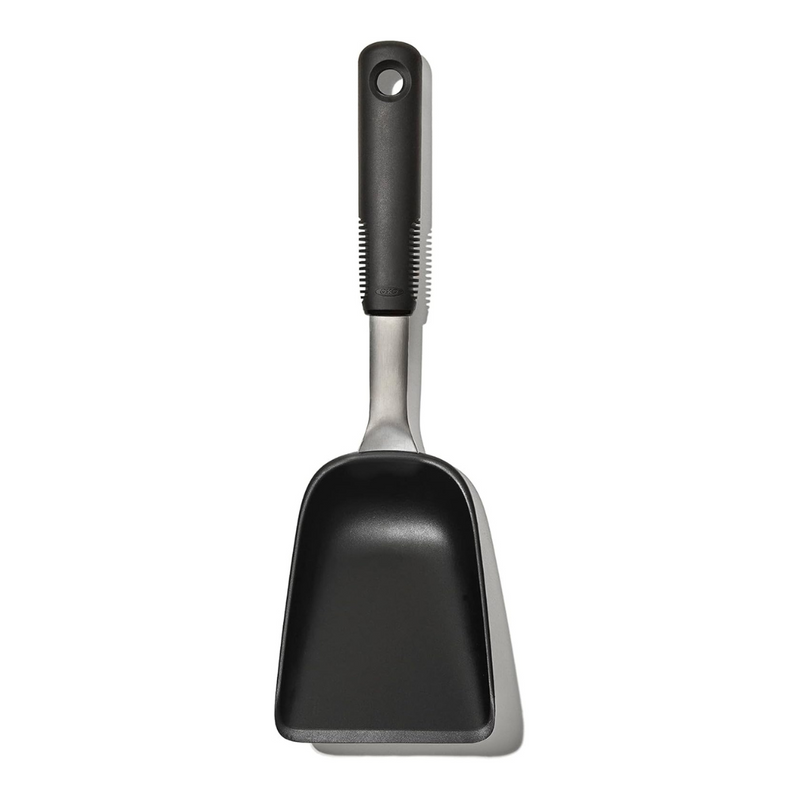 OXO Good Grips Roast and Fry Scoop with deep perforated stainless steel head and non-slip handle.