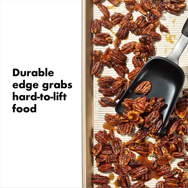 OXO Good Grips Roast and Fry Scoop with deep perforated stainless steel head and non-slip handle.