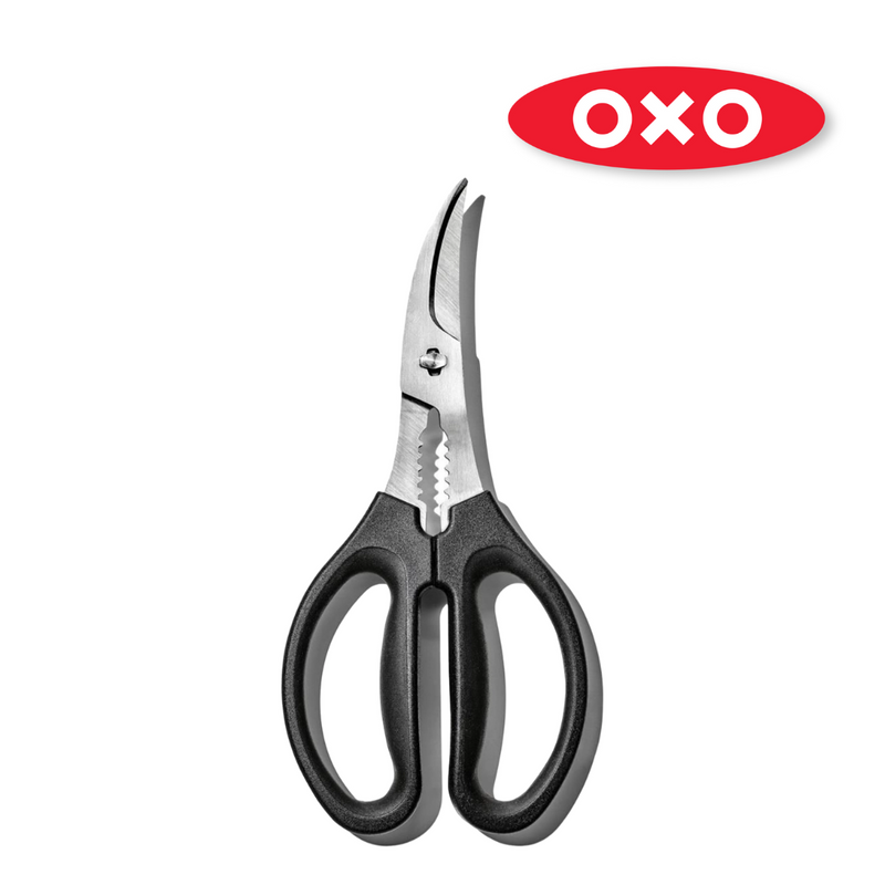OXO Good Grips Seafood Scissors with stainless steel curved blades and built-in shell cracker.