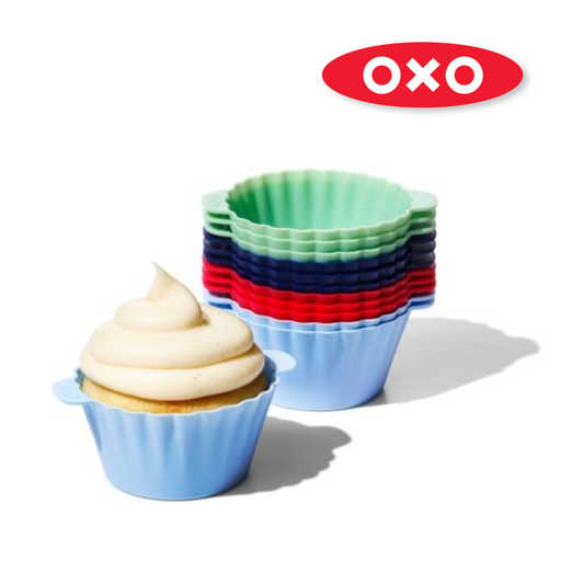 OXO Good Grips Silicone Baking Cups 12-Pack in assorted colours with non-stick interior and batter fill line.