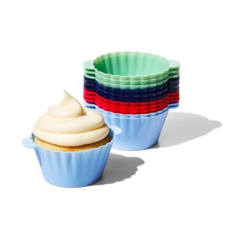 OXO Good Grips Silicone Baking Cups 12-Pack in assorted colours with non-stick interior and batter fill line.