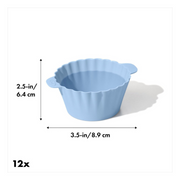 OXO Good Grips Silicone Baking Cups 12-Pack in assorted colours with non-stick interior and batter fill line.