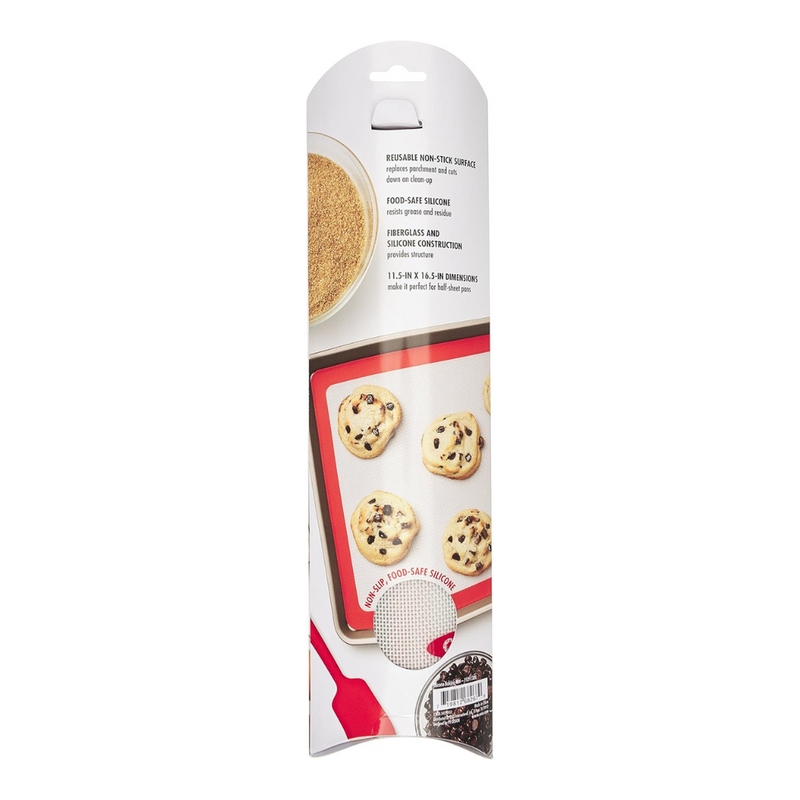 OXO Good Grips Silicone Baking Mat with measurement markings, non-stick surface, and half-sheet pan fit.