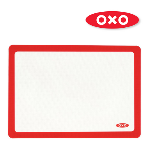 OXO Good Grips Silicone Baking Mat with measurement markings, non-stick surface, and half-sheet pan fit.