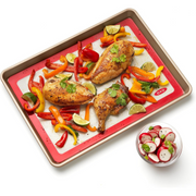 OXO Good Grips Silicone Baking Mat with measurement markings, non-stick surface, and half-sheet pan fit.