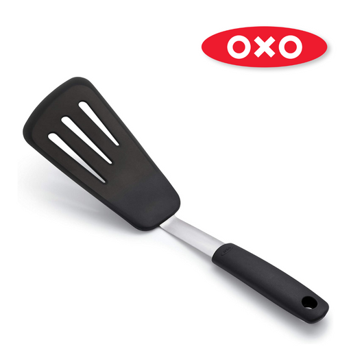 OXO Good Grips Silicone Flexible Omelet Turner with extra-wide heat-resistant head and non-slip handle.