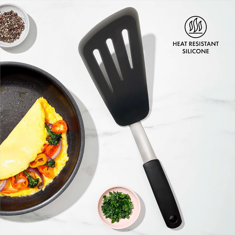 OXO Good Grips Silicone Flexible Omelet Turner with extra-wide heat-resistant head and non-slip handle.