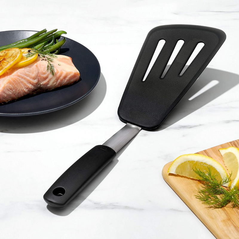 OXO Good Grips Silicone Flexible Omelet Turner with extra-wide heat-resistant head and non-slip handle.