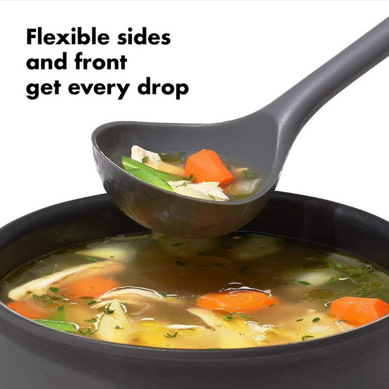 OXO Good Grips Silicone Ladle with black silicone head and soft non-slip handle.