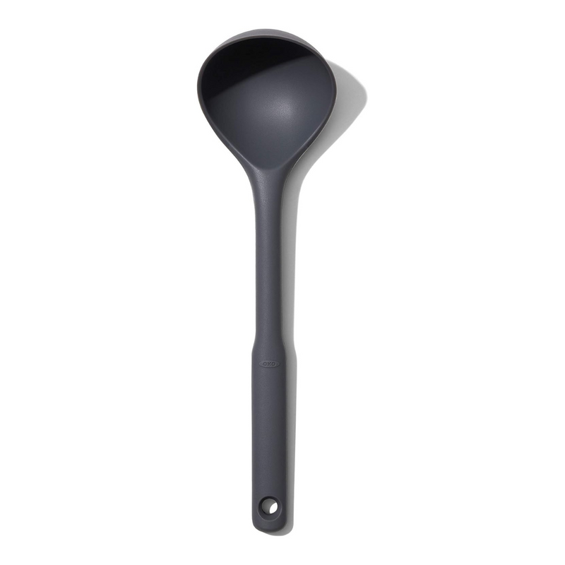 OXO Good Grips Silicone Ladle with black silicone head and soft non-slip handle.