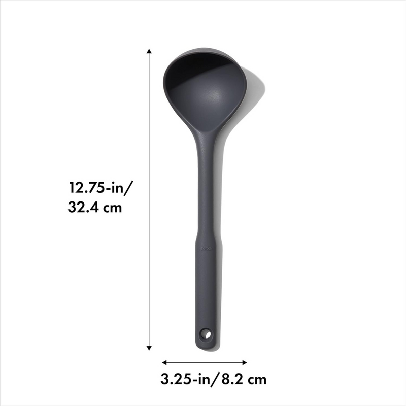 OXO Good Grips Silicone Ladle with black silicone head and soft non-slip handle.