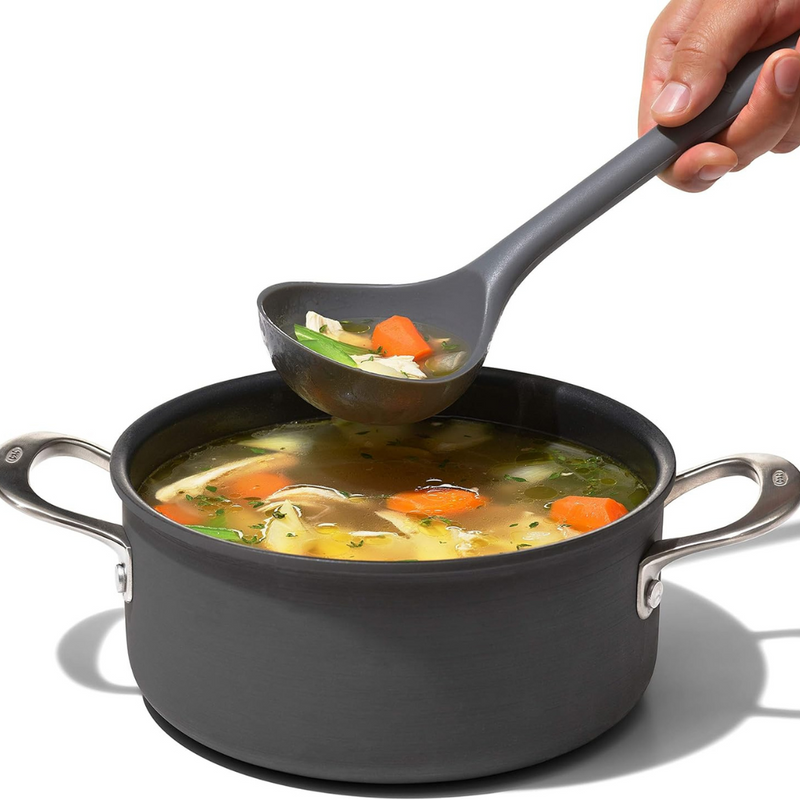 OXO Good Grips Silicone Ladle with black silicone head and soft non-slip handle.