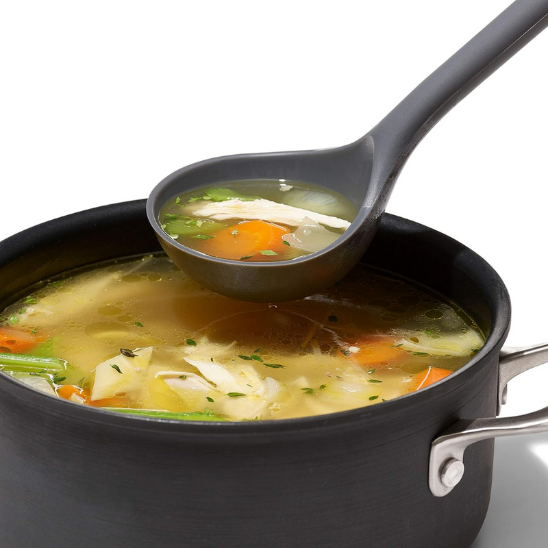 OXO Good Grips Silicone Ladle with black silicone head and soft non-slip handle.