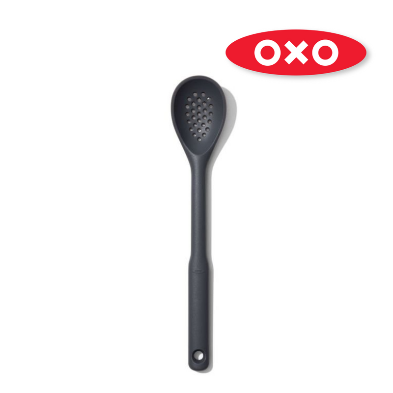OXO Good Grips Silicone Slotted Spoon with black silicone head and soft non-slip handle.